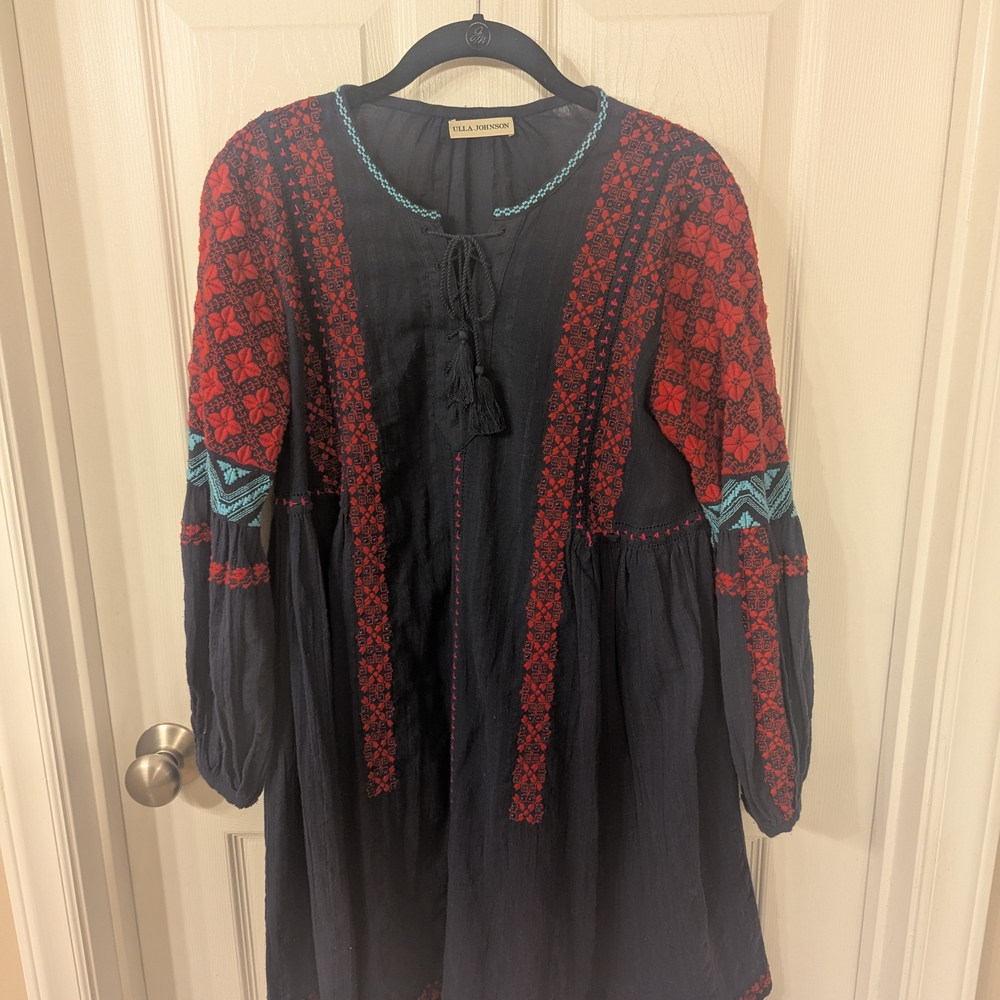 Ulla Johnson Navy and Red Embroidered Dress